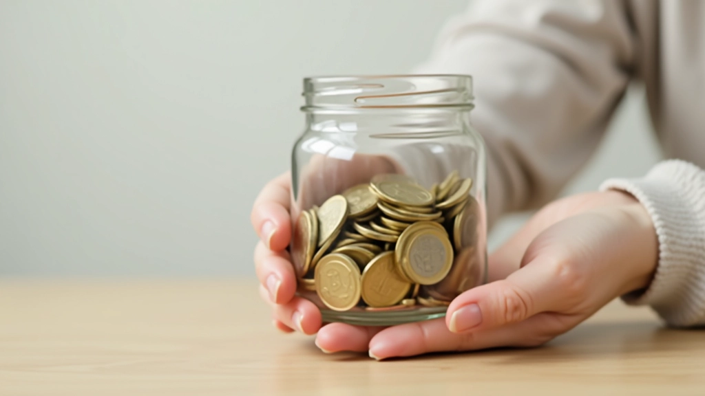 Frasco de vidro transparente cheio de moedas de euro com etiqueta manuscrita de meta de poupança