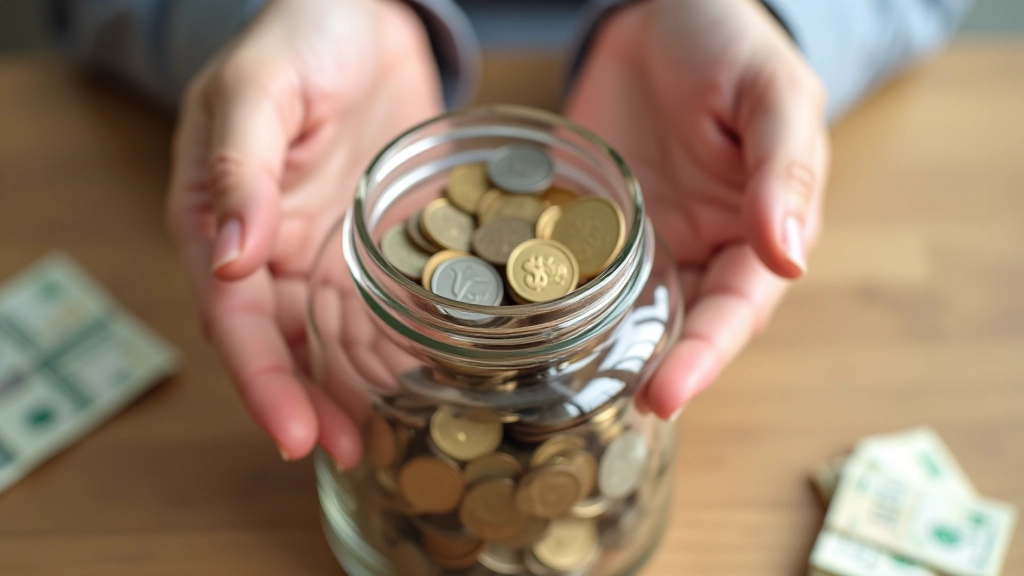 Mãos de pessoa segurando moedas acima de um pote de vidro transparente, símbolo de poupança e economia familiar