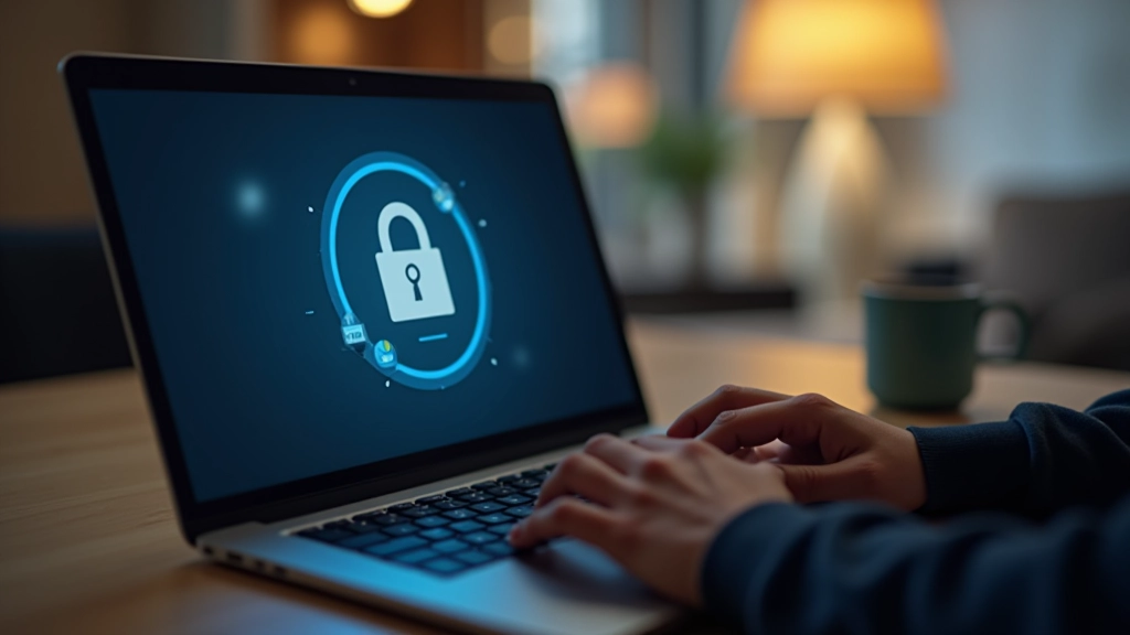 Computador portátil com candado digital visível no ecrã, teclado iluminado, ambiente de escritório moderno com foco na segurança cibernética