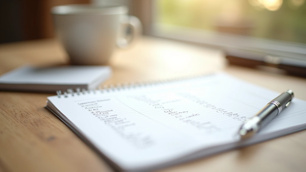 Caderno aberto sobre mesa de madeira com caneta e xícara de café