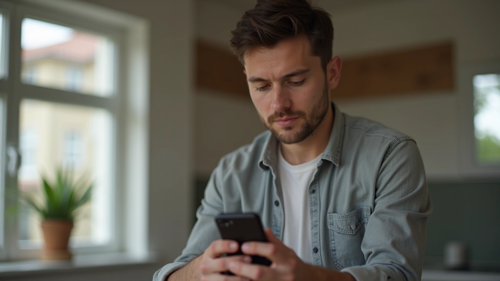 Pessoa a consultar aplicação bancária no telemóvel, verificando saldo de poupança com expressão satisfeita