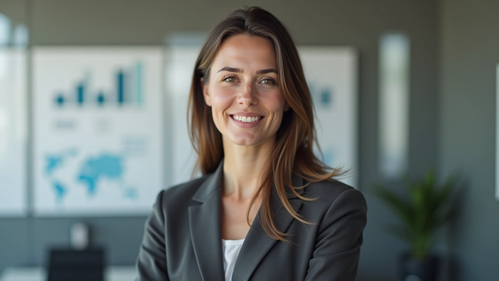 Mulher em pé junto a parede com gráfico financeiro em segundo plano