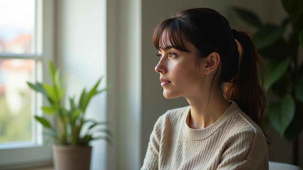 Pessoa meditativa olhando pela janela, refletindo sobre escolhas financeiras e padrões de gastos