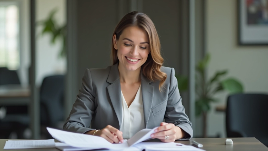 Mulher em ambiente de trabalho moderno revisando documentos financeiros