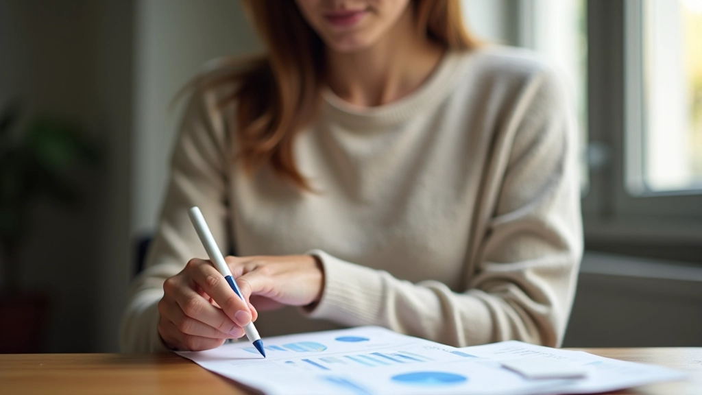 Mulher sentada à secretária a rever documentos financeiros com gráficos, mostrando organização de receitas