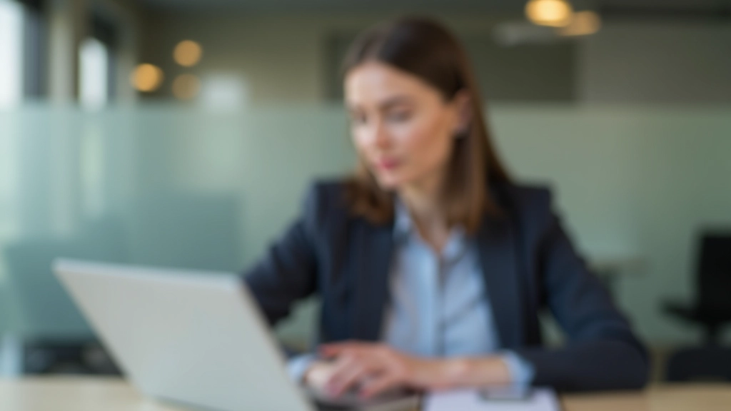 Mulher em ambiente de trabalho moderno, analisando dados financeiros no computador portátil